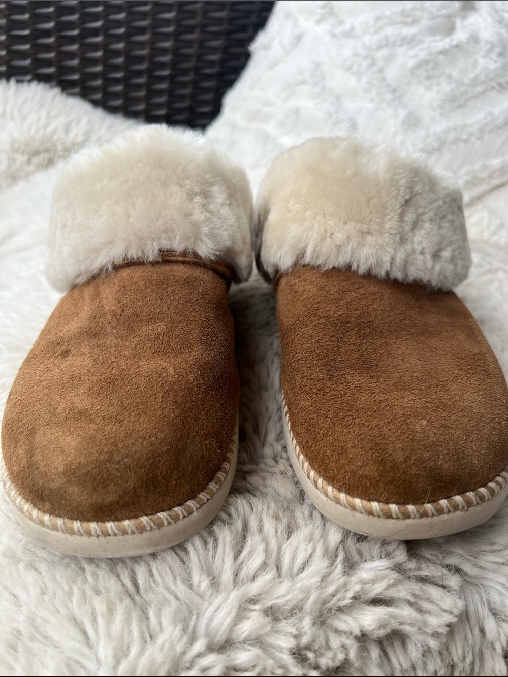 OluKai Women's Chestnut and Cream Shearling Slippers - Picture 8 of 13